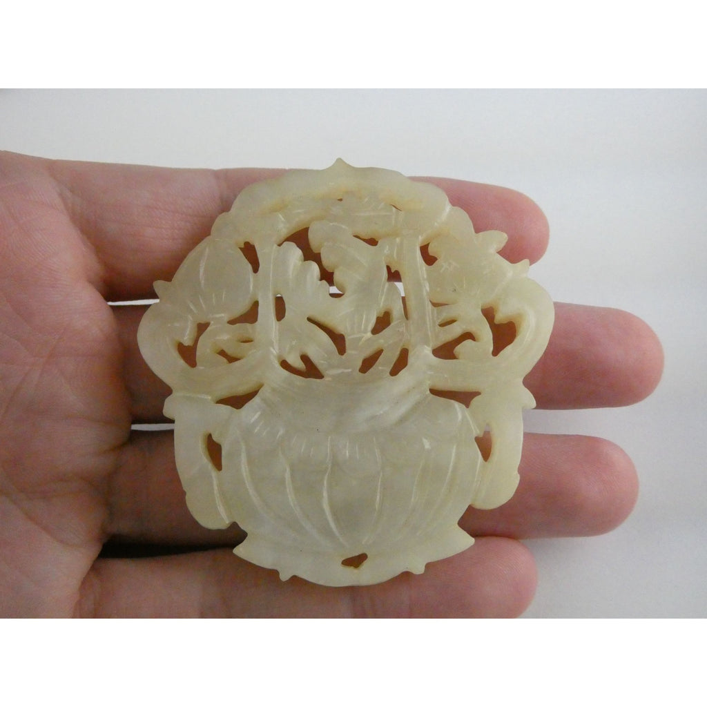 Vintage Carved Light Pale Green Jade Floral Vase Pendant Talisman 27.3g 2 3/8 In