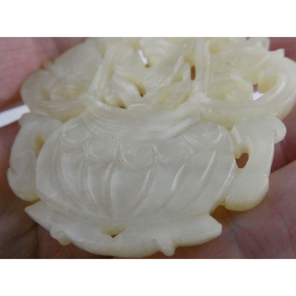 Vintage Carved Light Pale Green Jade Floral Vase Pendant Talisman 27.3g 2 3/8 In