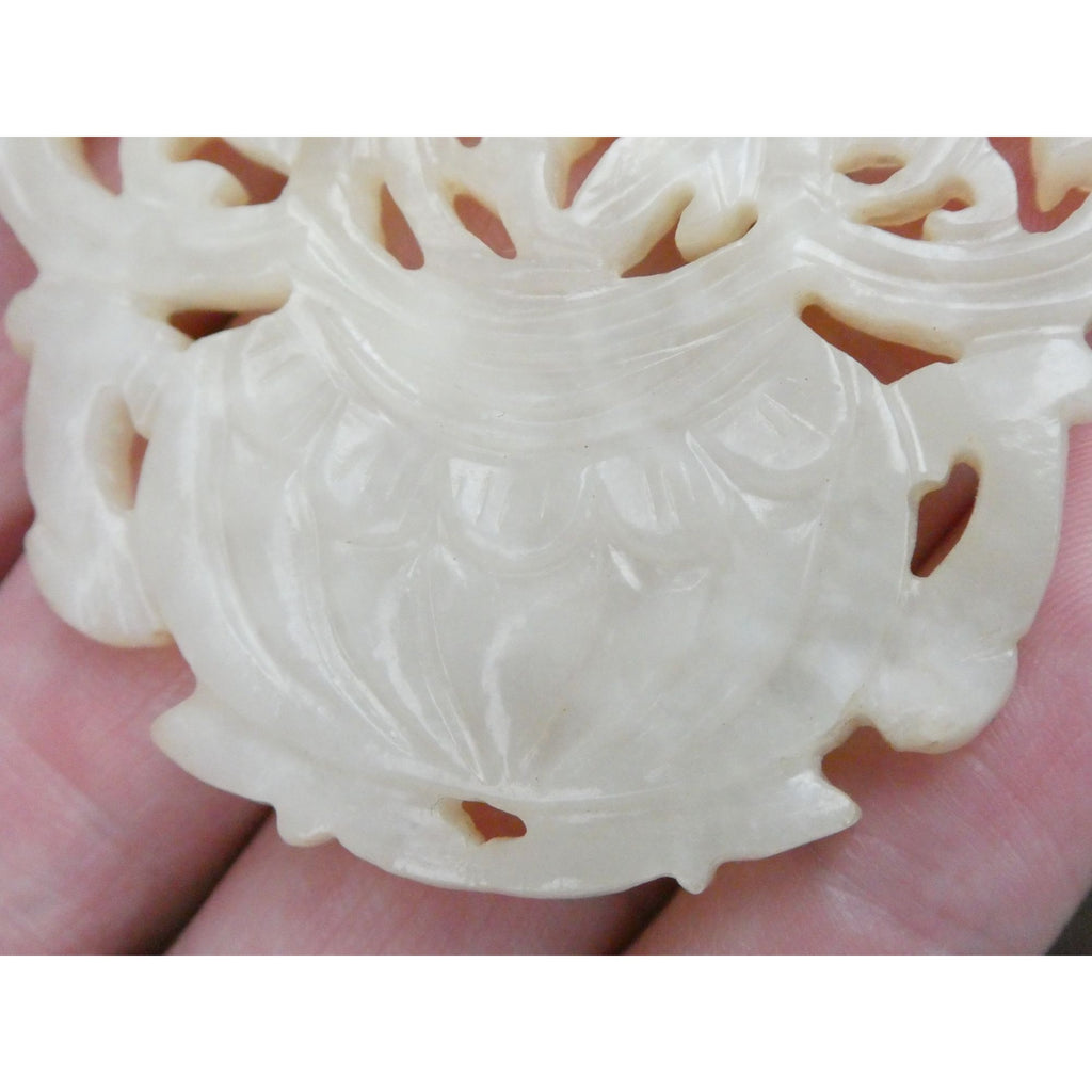 Vintage Carved Light Pale Green Jade Floral Vase Pendant Talisman 27.3g 2 3/8 In