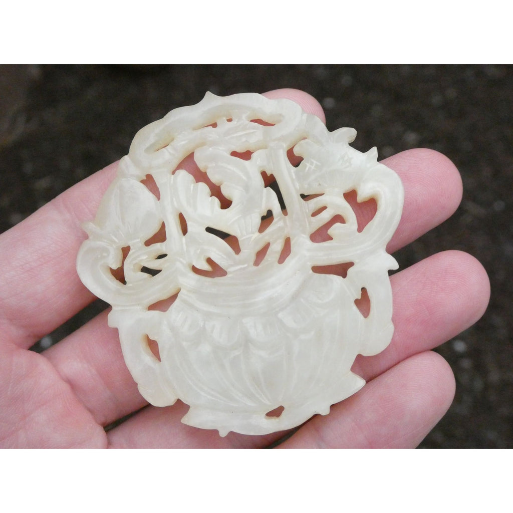 Vintage Carved Light Pale Green Jade Floral Vase Pendant Talisman 27.3g 2 3/8 In