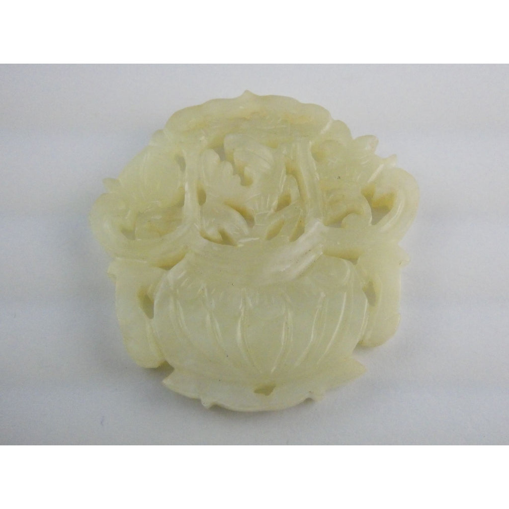 Vintage Carved Light Pale Green Jade Floral Vase Pendant Talisman 27.3g 2 3/8 In