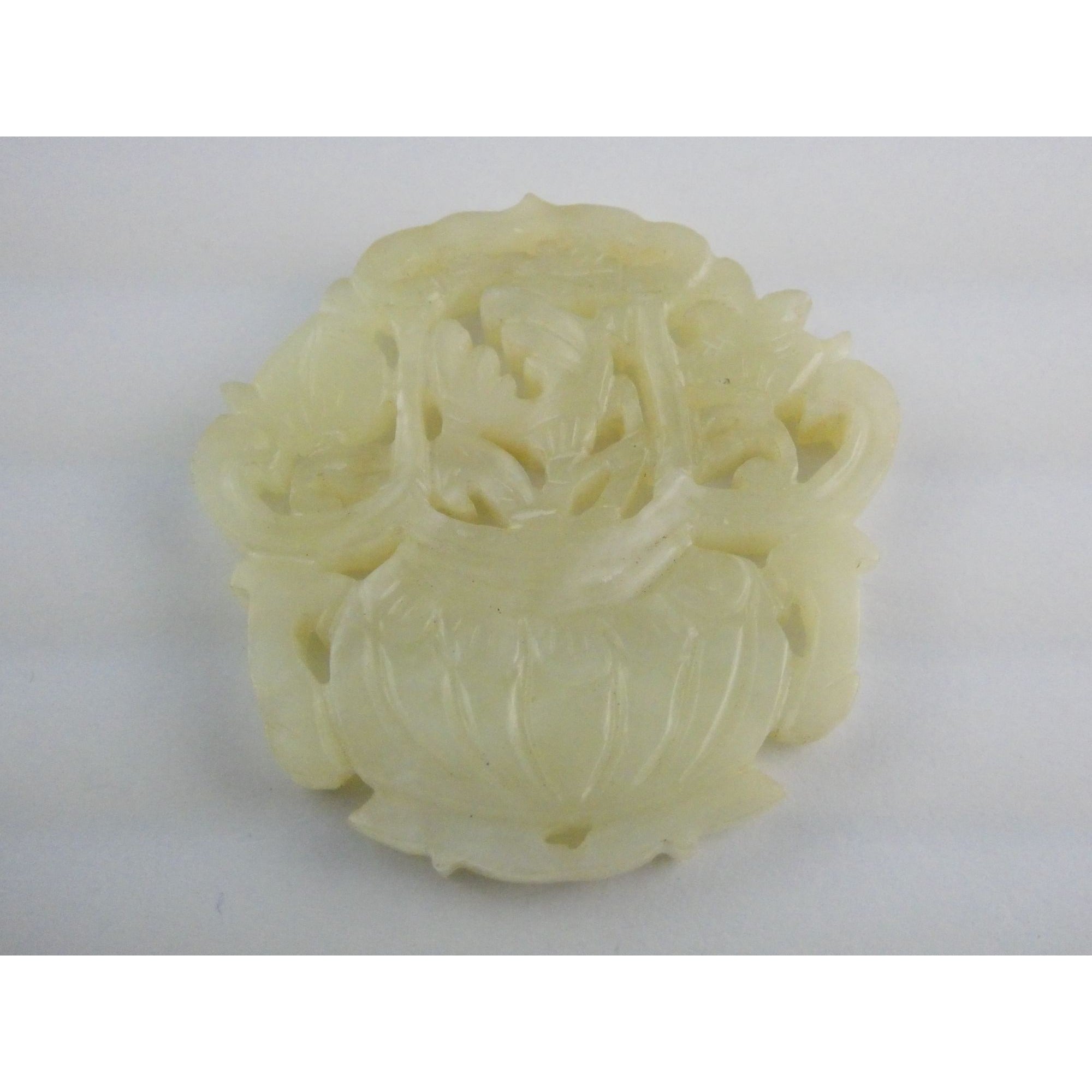 Vintage Carved Light Pale Green Jade Floral Vase Pendant Talisman 27.3g 2 3/8 In
