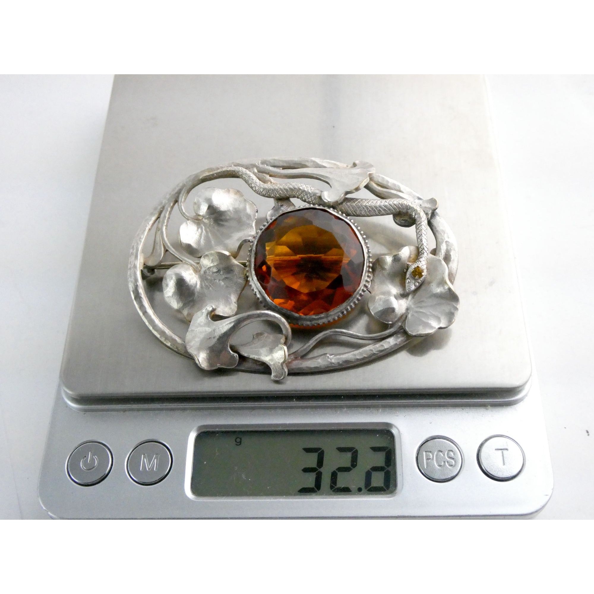 Antique Art Nouveau Sterling Silver Orange Glass Snake Brooch Pin Arts & Crafts