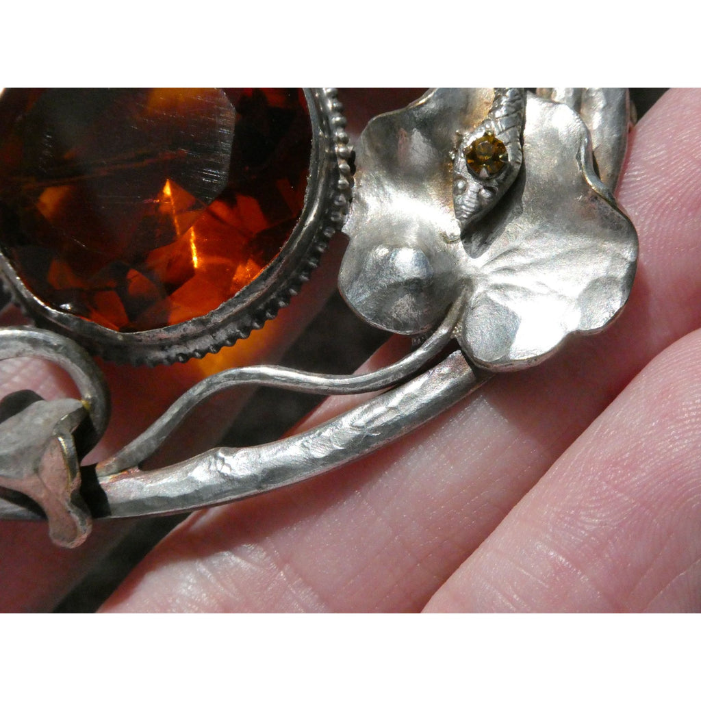 Antique Art Nouveau Sterling Silver Orange Glass Snake Brooch Pin Arts & Crafts