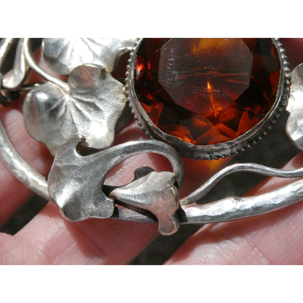 Antique Art Nouveau Sterling Silver Orange Glass Snake Brooch Pin Arts & Crafts