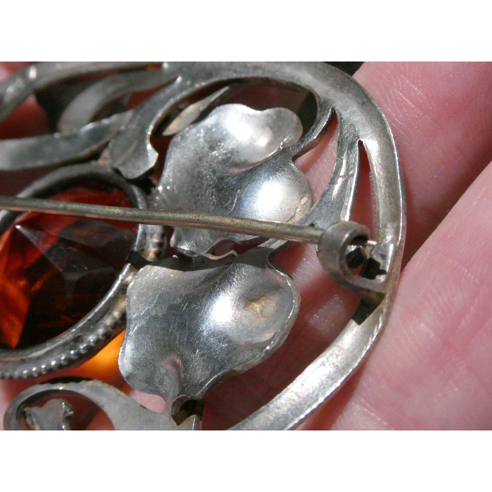 Antique Art Nouveau Sterling Silver Orange Glass Snake Brooch Pin Arts & Crafts