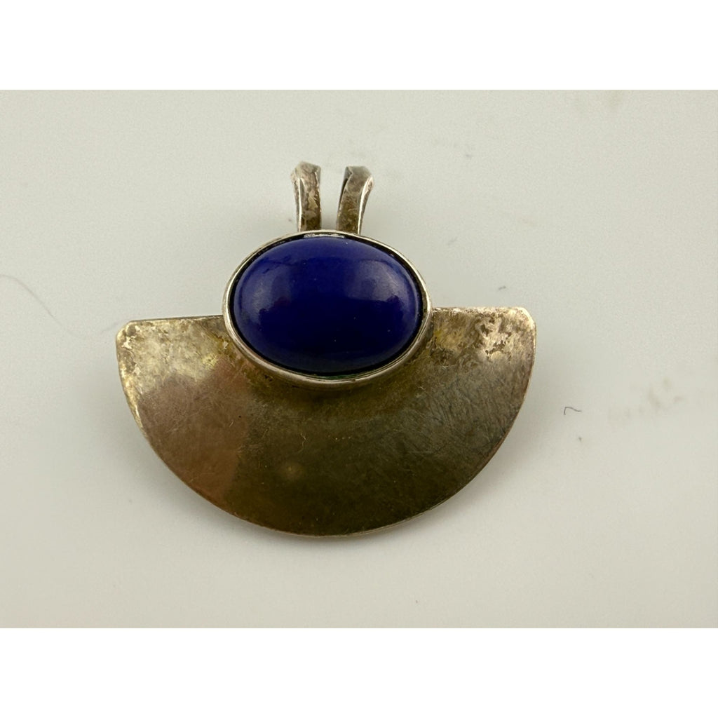 Vintage Sterling Silver Lapis Lazuli Cabochon Half Circle Pendant 925 1.5g .75In