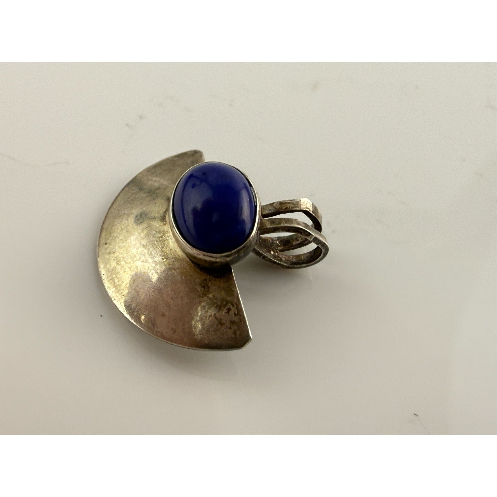 Vintage Sterling Silver Lapis Lazuli Cabochon Half Circle Pendant 925 1.5g .75In