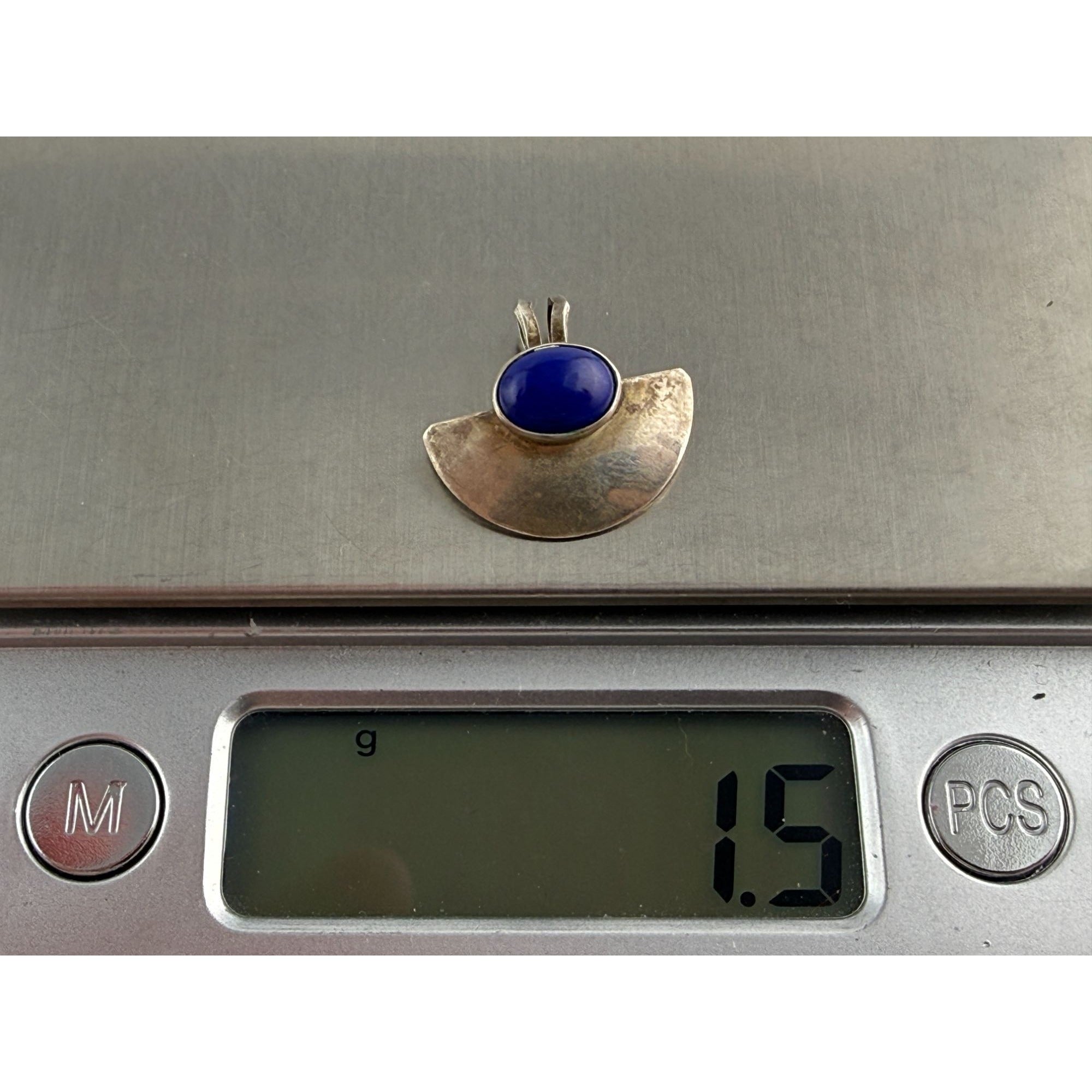 Vintage Sterling Silver Lapis Lazuli Cabochon Half Circle Pendant 925 1.5g .75In