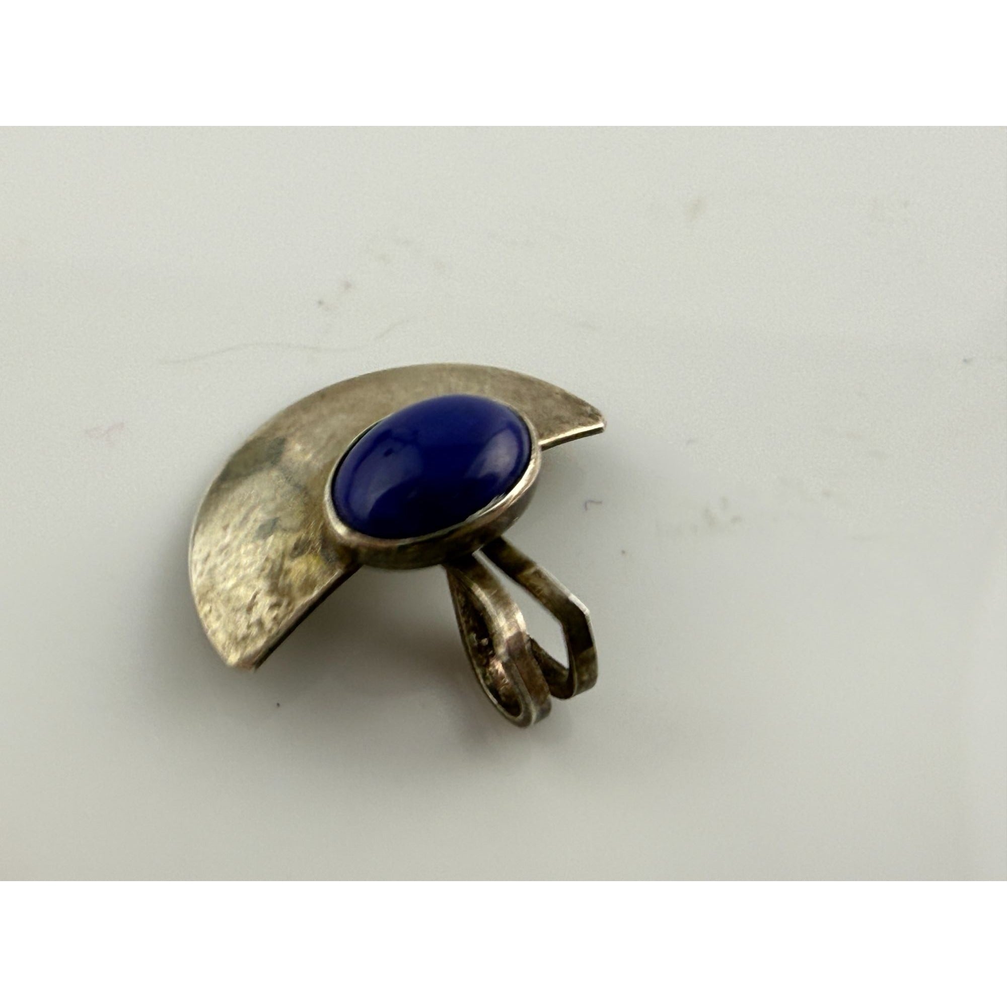 Vintage Sterling Silver Lapis Lazuli Cabochon Half Circle Pendant 925 1.5g .75In