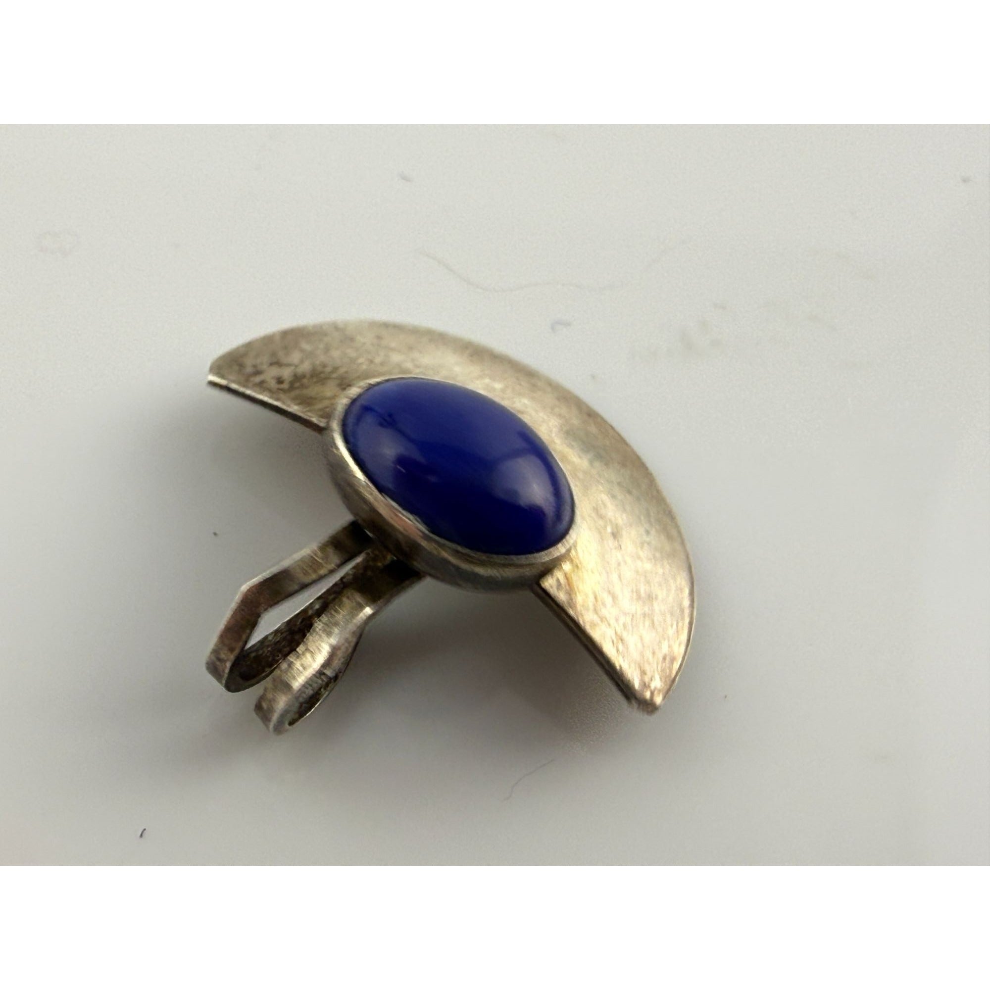 Vintage Sterling Silver Lapis Lazuli Cabochon Half Circle Pendant 925 1.5g .75In