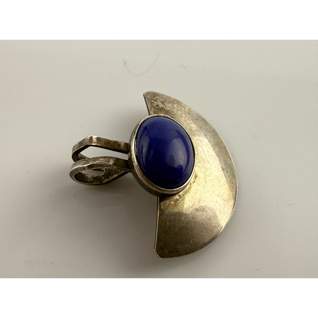 Vintage Sterling Silver Lapis Lazuli Cabochon Half Circle Pendant 925 1.5g .75In