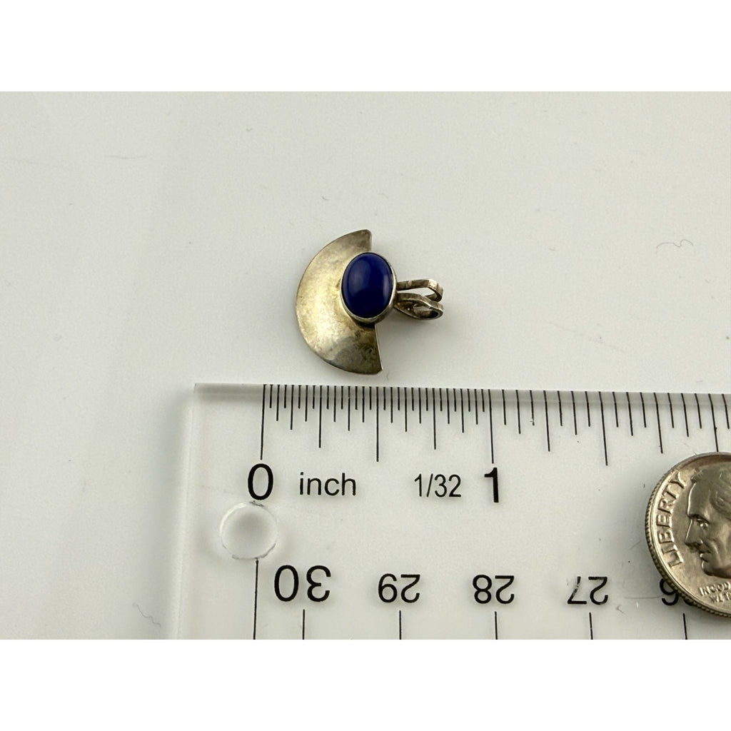 Vintage Sterling Silver Lapis Lazuli Cabochon Half Circle Pendant 925 1.5g .75In