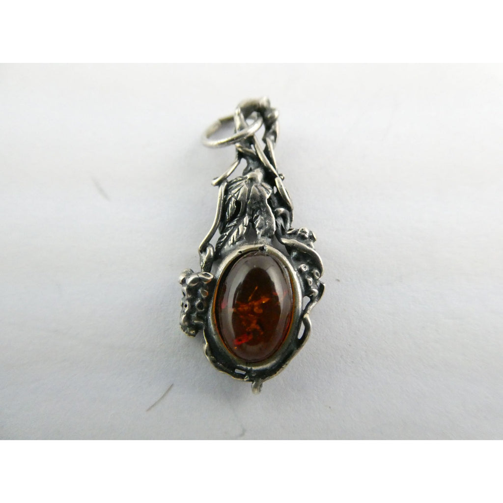 Vintage Sterling Silver Orange Amber Cabochon Pendant 2.2g 30mm Length