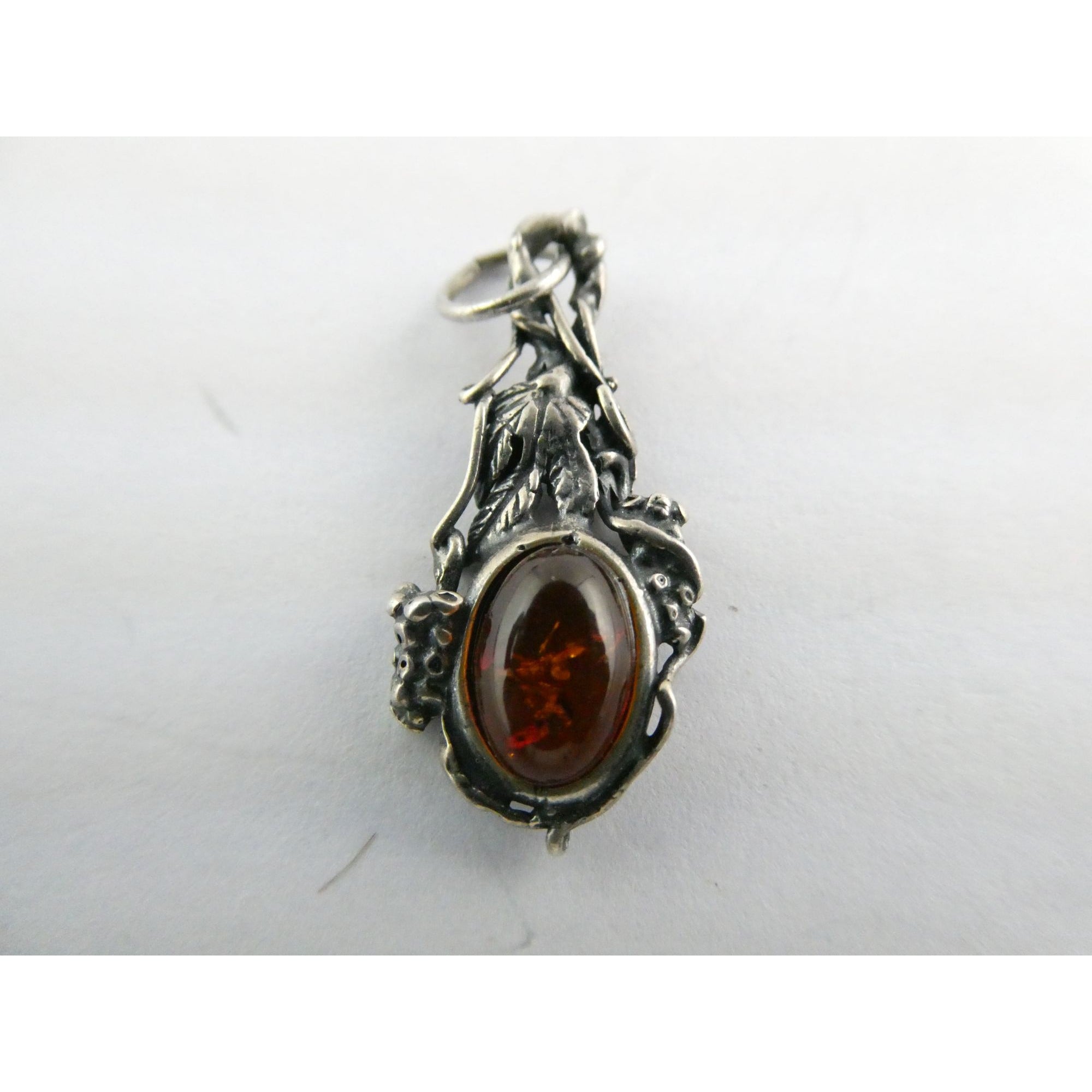 Vintage Sterling Silver Orange Amber Cabochon Pendant 2.2g 30mm Length