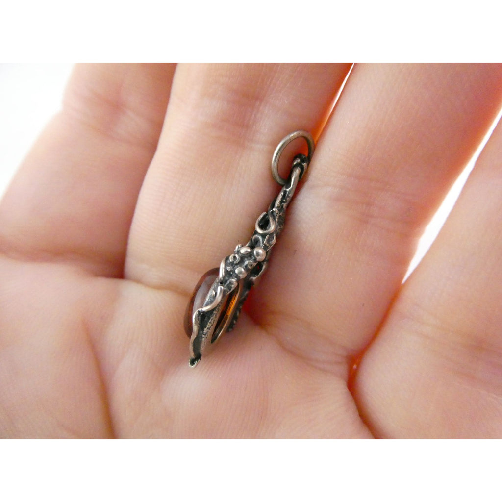 Vintage Sterling Silver Orange Amber Cabochon Pendant 2.2g 30mm Length