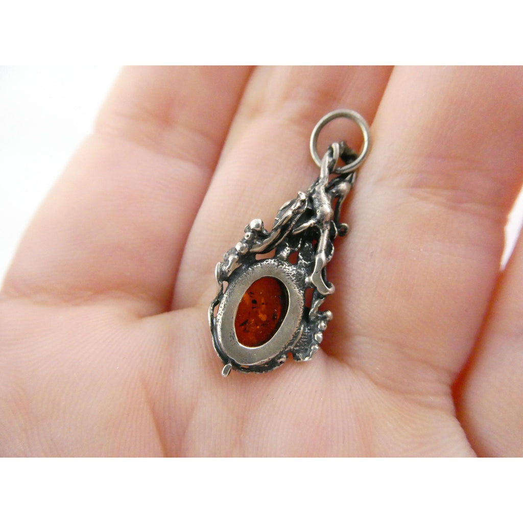 Vintage Sterling Silver Orange Amber Cabochon Pendant 2.2g 30mm Length