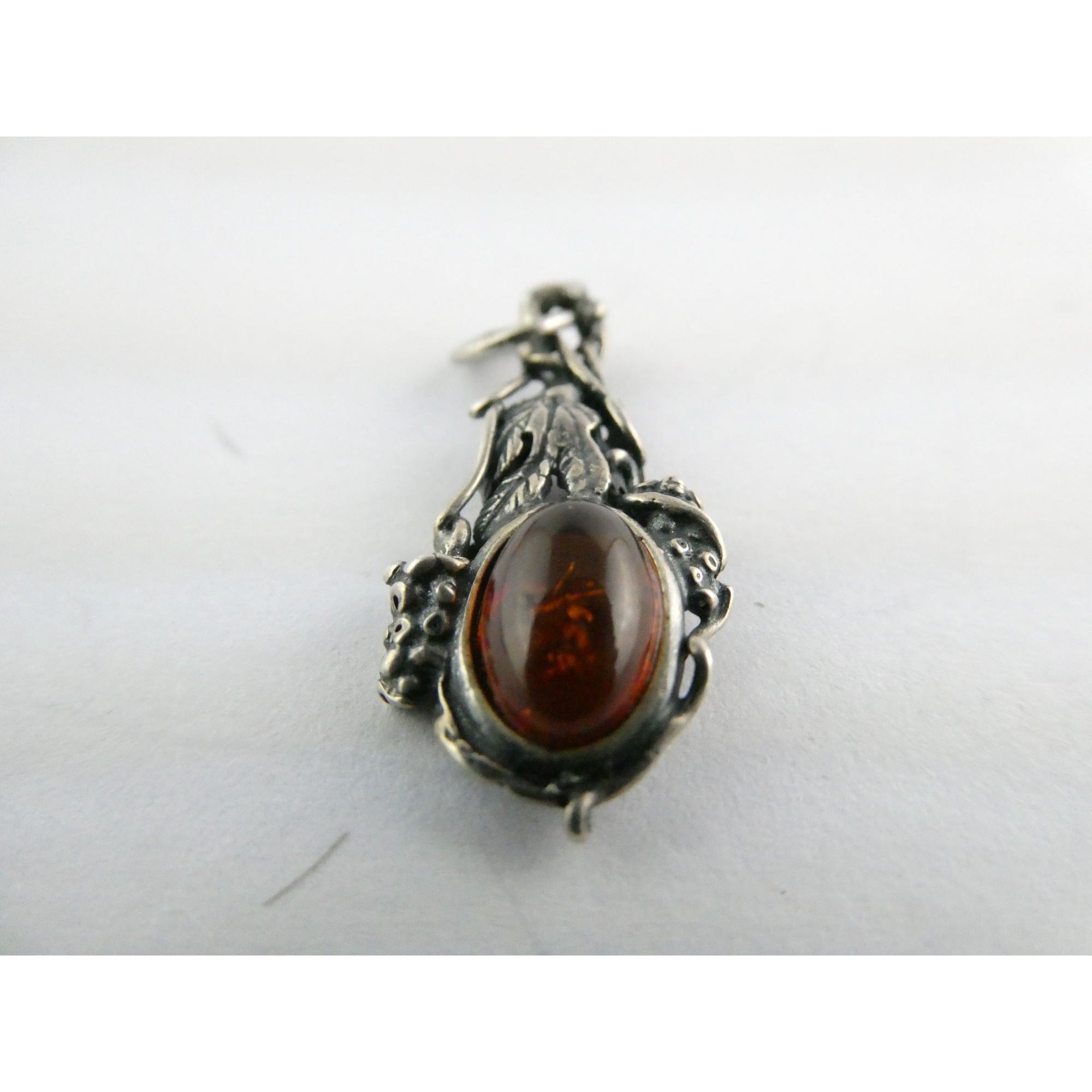 Vintage Sterling Silver Orange Amber Cabochon Pendant 2.2g 30mm Length