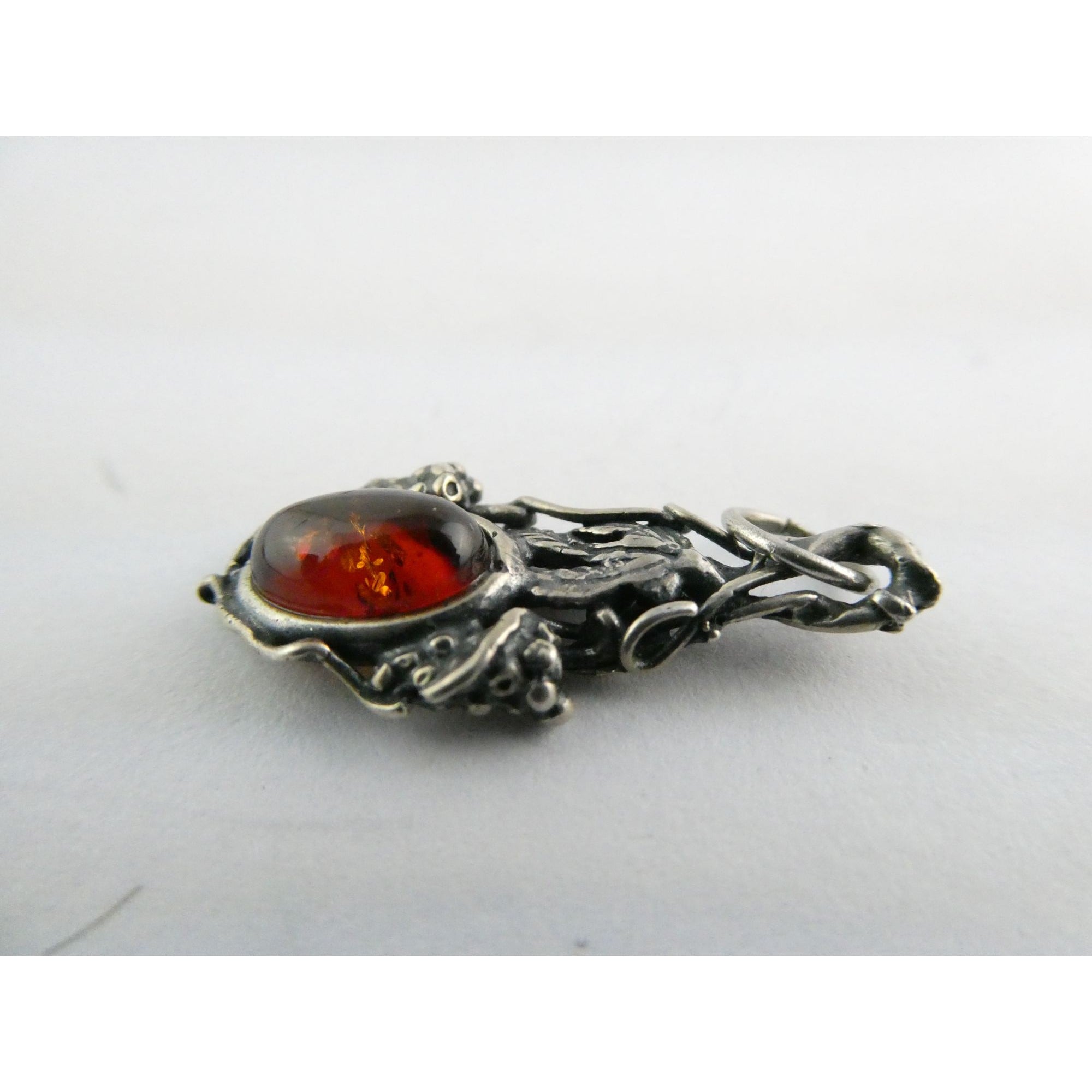 Vintage Sterling Silver Orange Amber Cabochon Pendant 2.2g 30mm Length