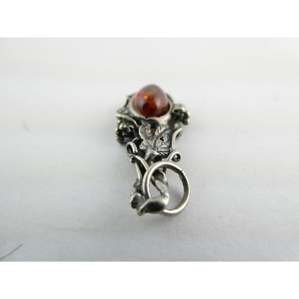 Vintage Sterling Silver Orange Amber Cabochon Pendant 2.2g 30mm Length