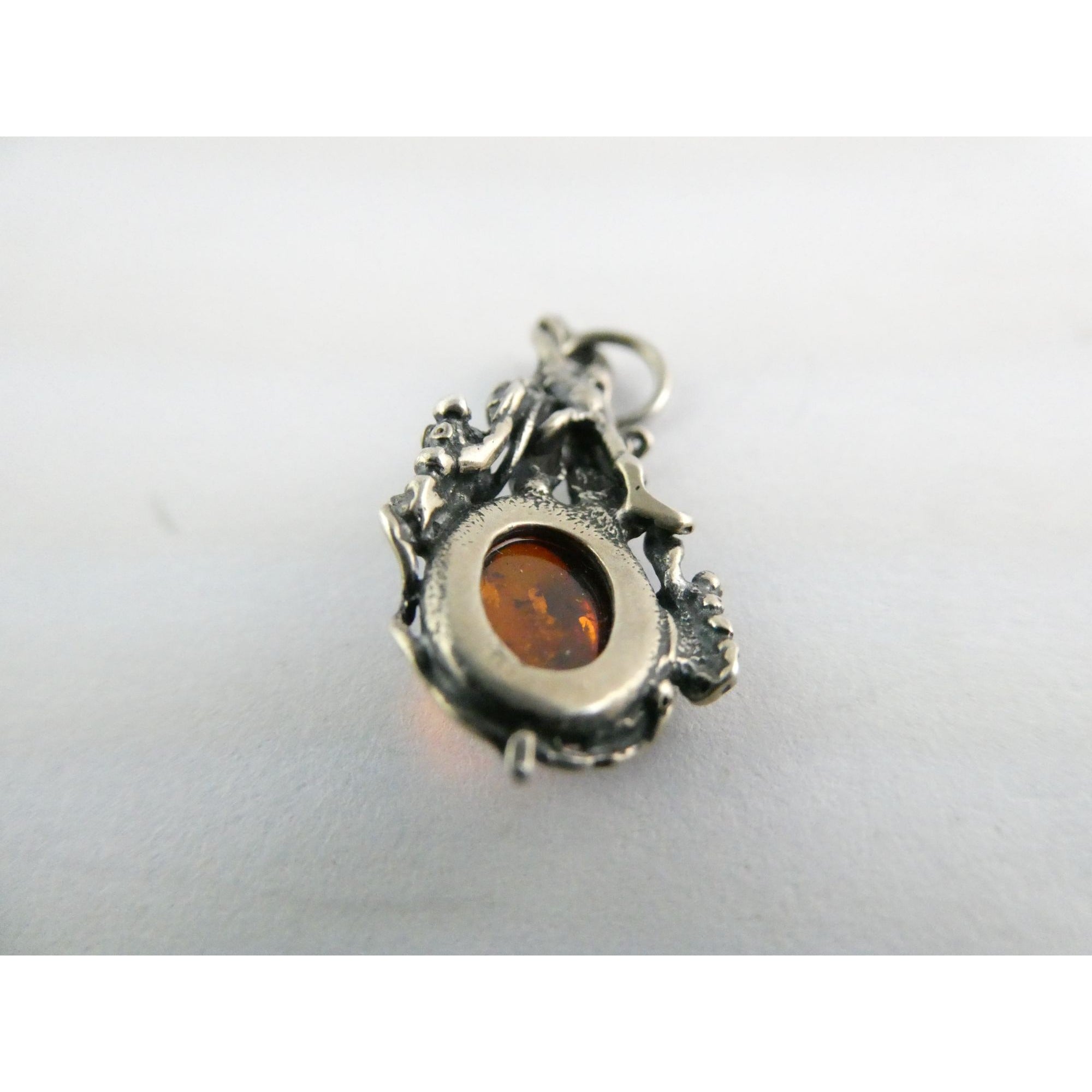 Vintage Sterling Silver Orange Amber Cabochon Pendant 2.2g 30mm Length