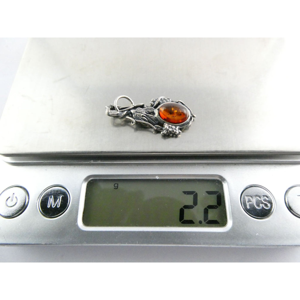 Vintage Sterling Silver Orange Amber Cabochon Pendant 2.2g 30mm Length
