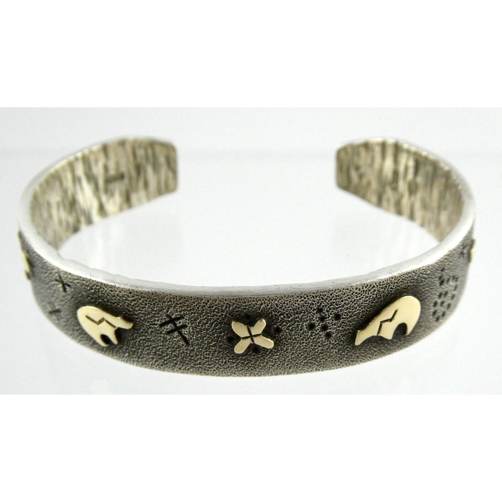 Kee Yazzie Sterling Silver and 14k Gold Petroglyph Cuff Bracelet NA Navajo 7 In