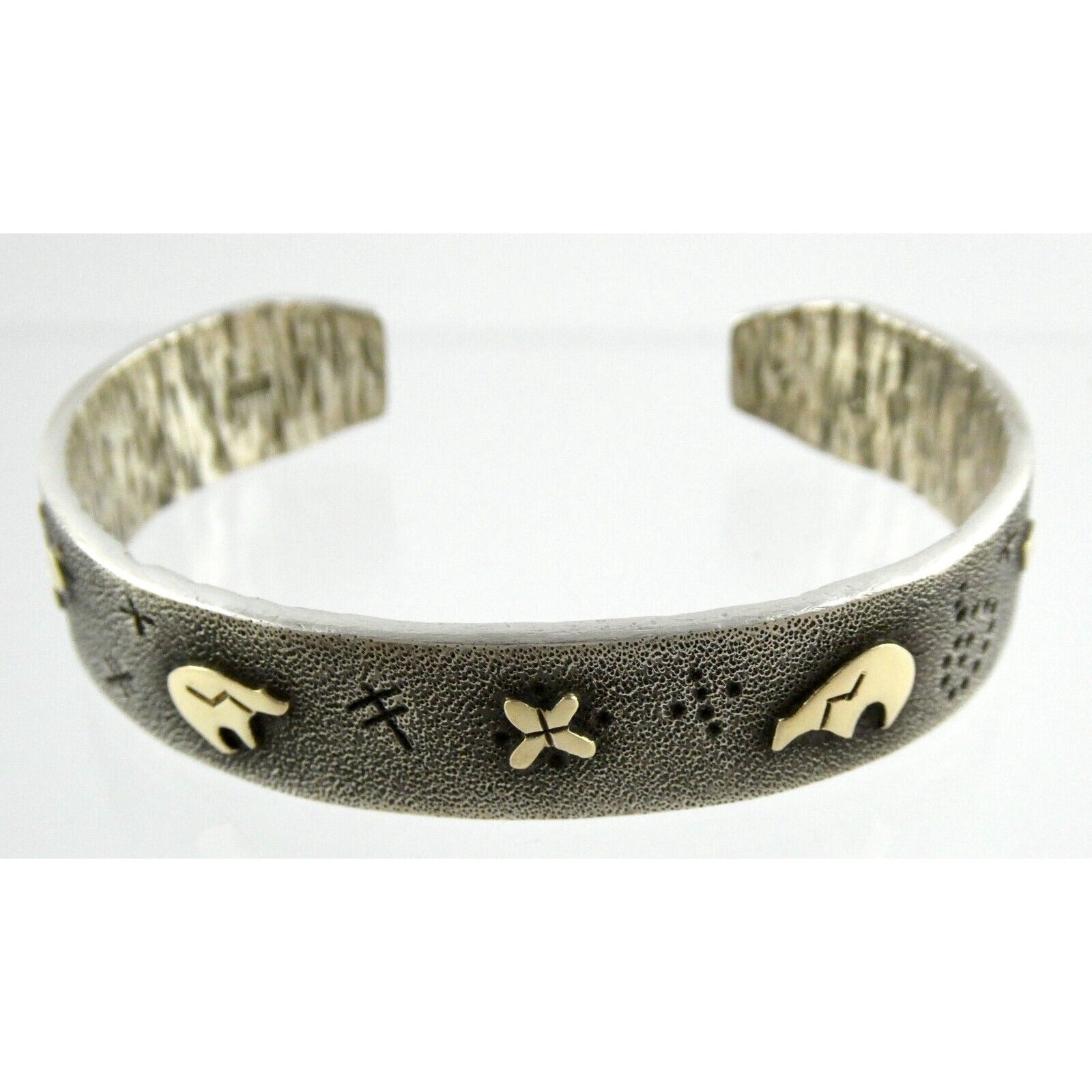 Kee Yazzie Sterling Silver and 14k Gold Petroglyph Cuff Bracelet NA Navajo 7 In