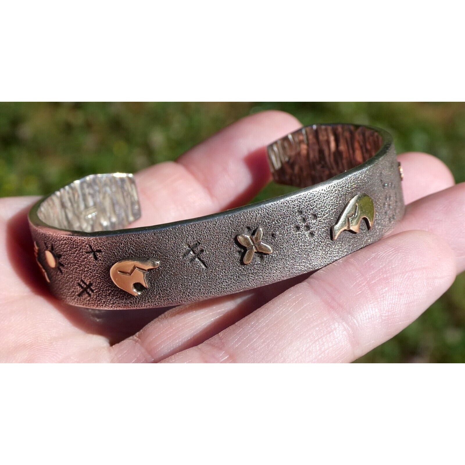 Kee Yazzie Sterling Silver and 14k Gold Petroglyph Cuff Bracelet NA Navajo 7 In