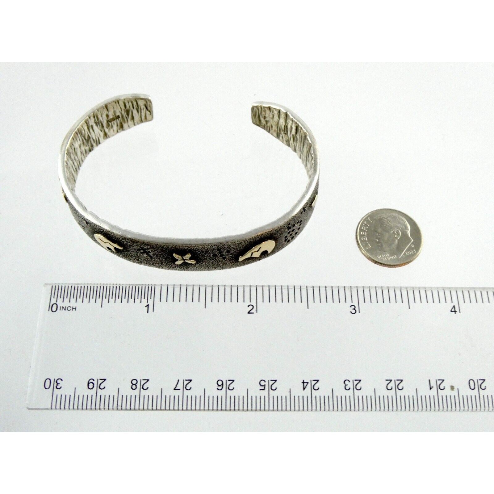 Kee Yazzie Sterling Silver and 14k Gold Petroglyph Cuff Bracelet NA Navajo 7 In