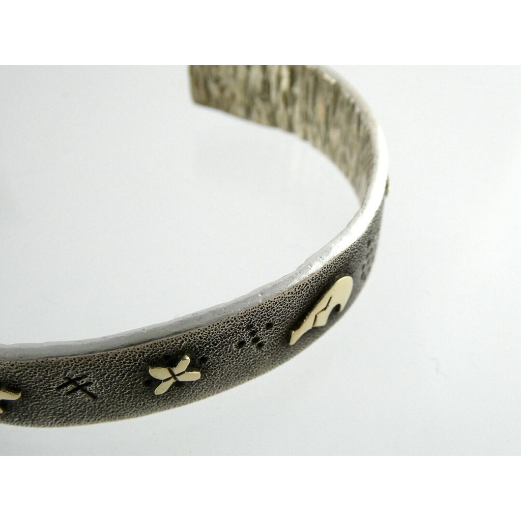 Kee Yazzie Sterling Silver and 14k Gold Petroglyph Cuff Bracelet NA Navajo 7 In