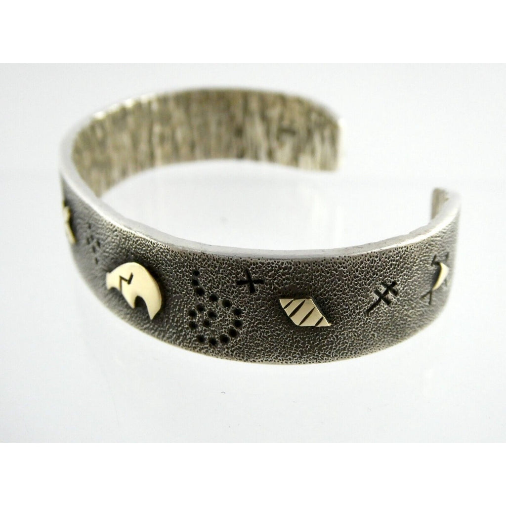 Kee Yazzie Sterling Silver and 14k Gold Petroglyph Cuff Bracelet NA Navajo 7 In
