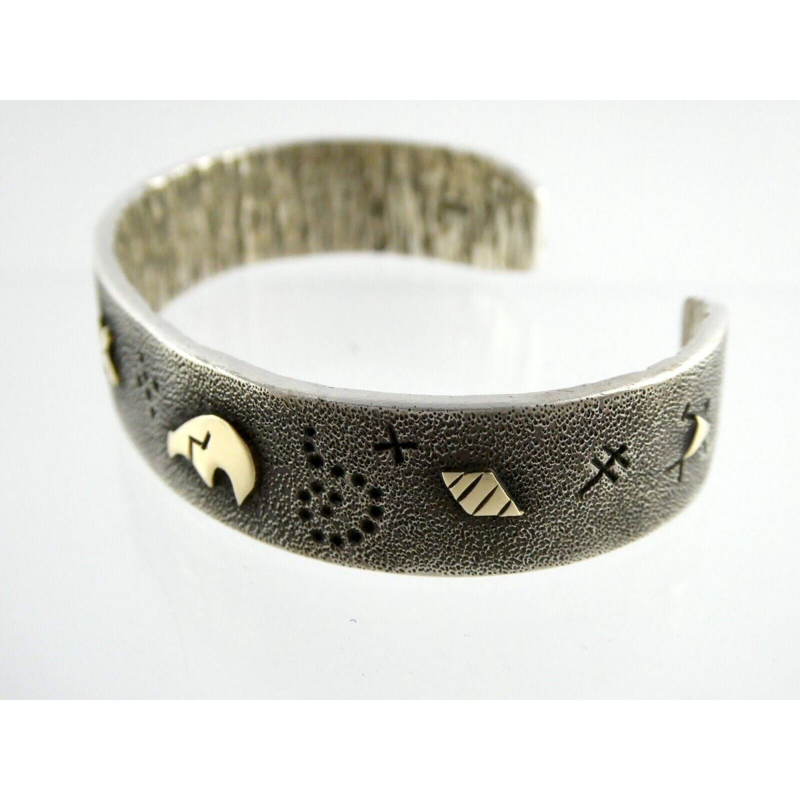 Kee Yazzie Sterling Silver and 14k Gold Petroglyph Cuff Bracelet NA Navajo 7 In