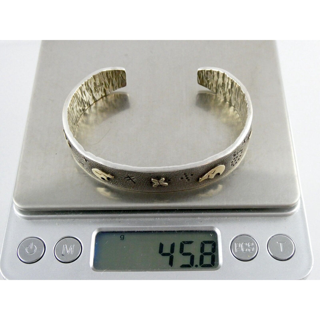 Kee Yazzie Sterling Silver and 14k Gold Petroglyph Cuff Bracelet NA Navajo 7 In