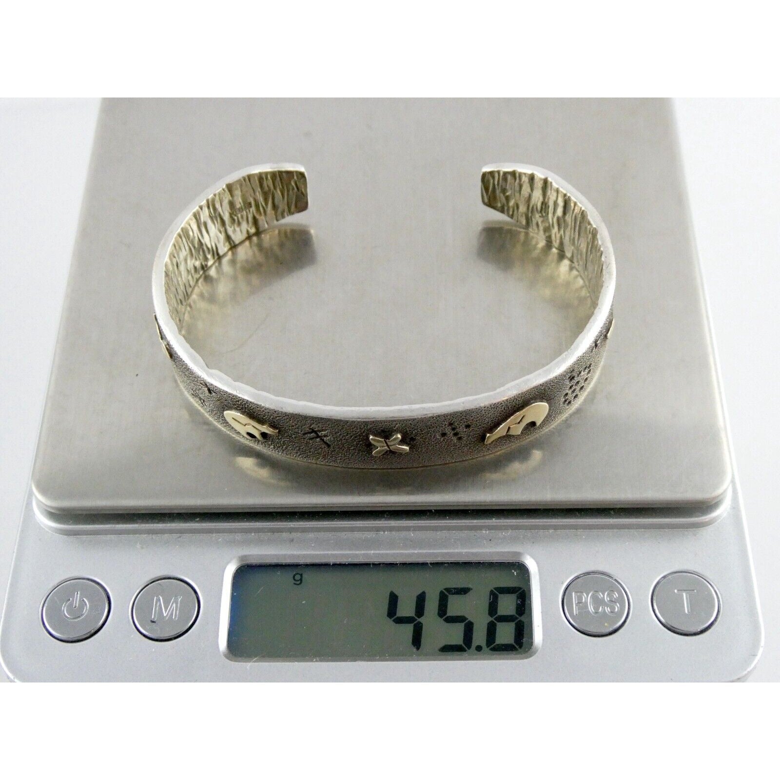 Kee Yazzie Sterling Silver and 14k Gold Petroglyph Cuff Bracelet NA Navajo 7 In