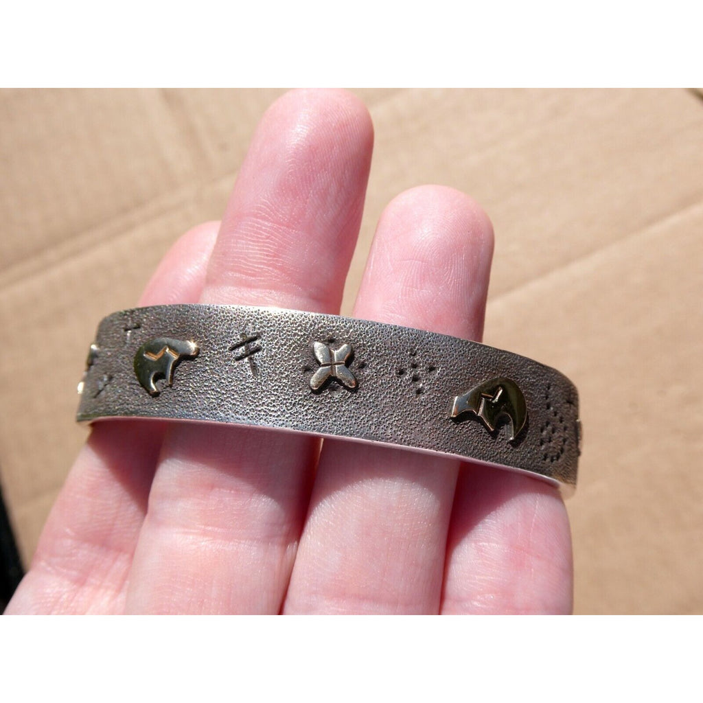 Kee Yazzie Sterling Silver and 14k Gold Petroglyph Cuff Bracelet NA Navajo 7 In
