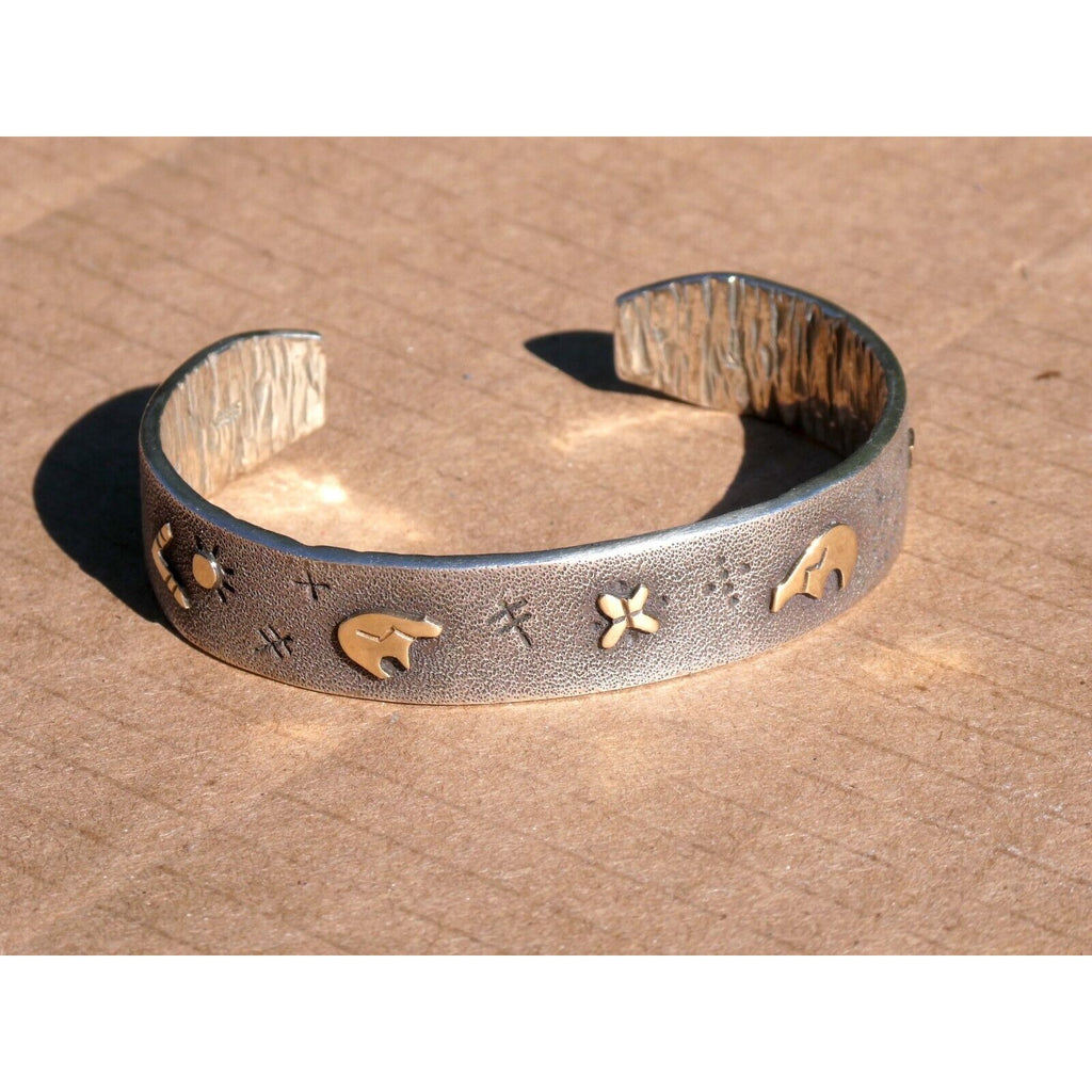 Kee Yazzie Sterling Silver and 14k Gold Petroglyph Cuff Bracelet NA Navajo 7 In