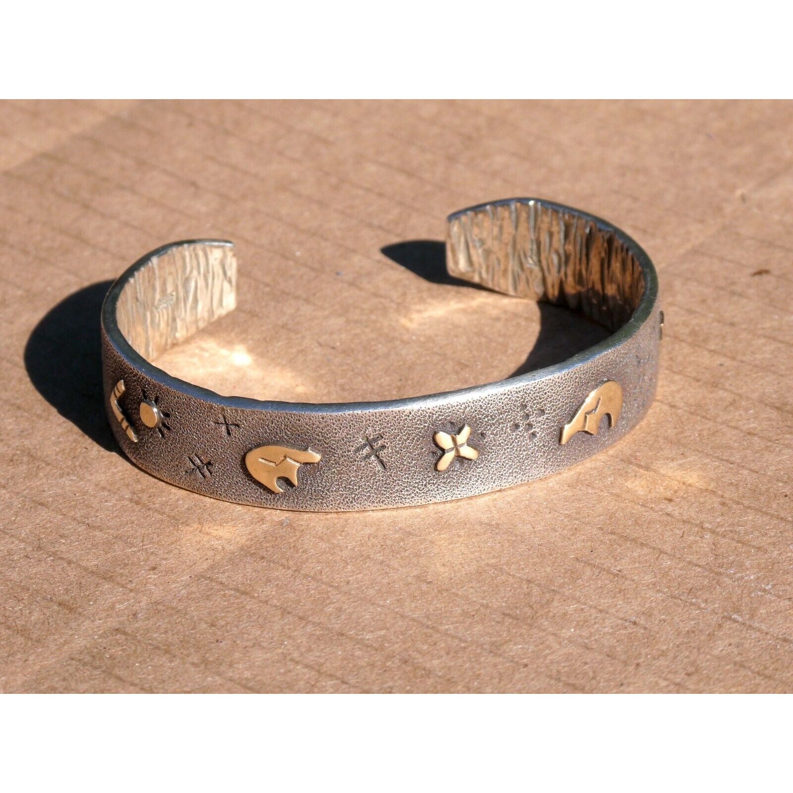 Kee Yazzie Sterling Silver and 14k Gold Petroglyph Cuff Bracelet NA Navajo 7 In