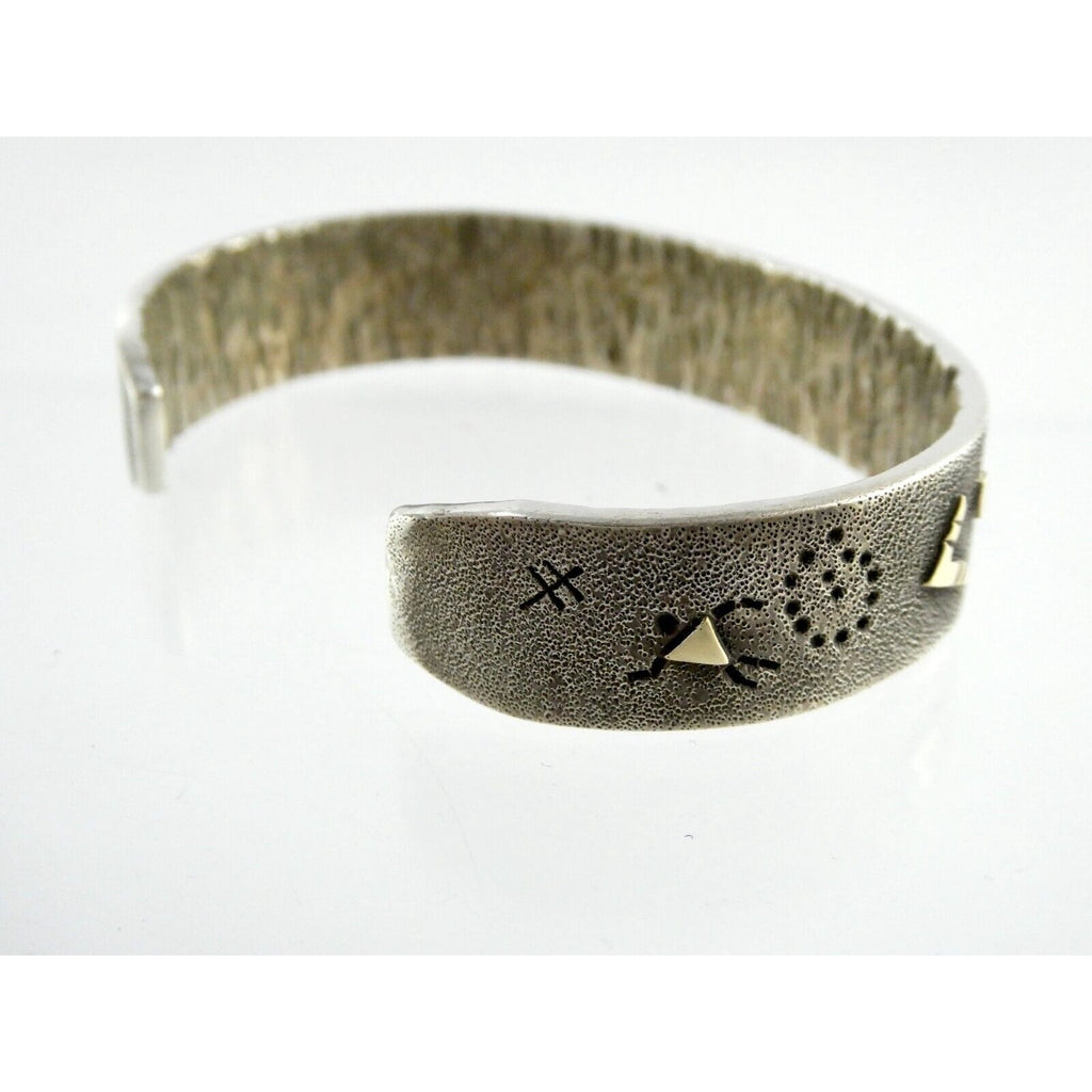 Kee Yazzie Sterling Silver and 14k Gold Petroglyph Cuff Bracelet NA Navajo 7 In