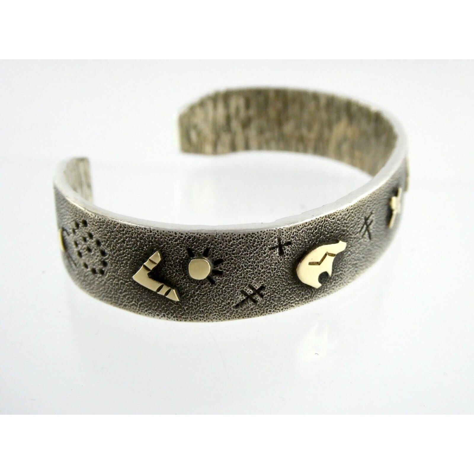Kee Yazzie Sterling Silver and 14k Gold Petroglyph Cuff Bracelet NA Navajo 7 In