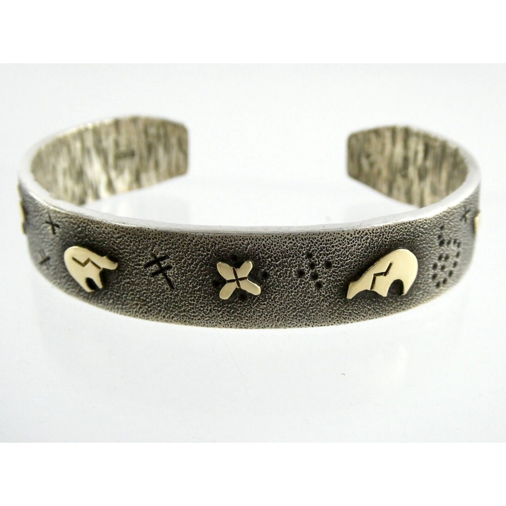 Kee Yazzie Sterling Silver and 14k Gold Petroglyph Cuff Bracelet NA Navajo 7 In