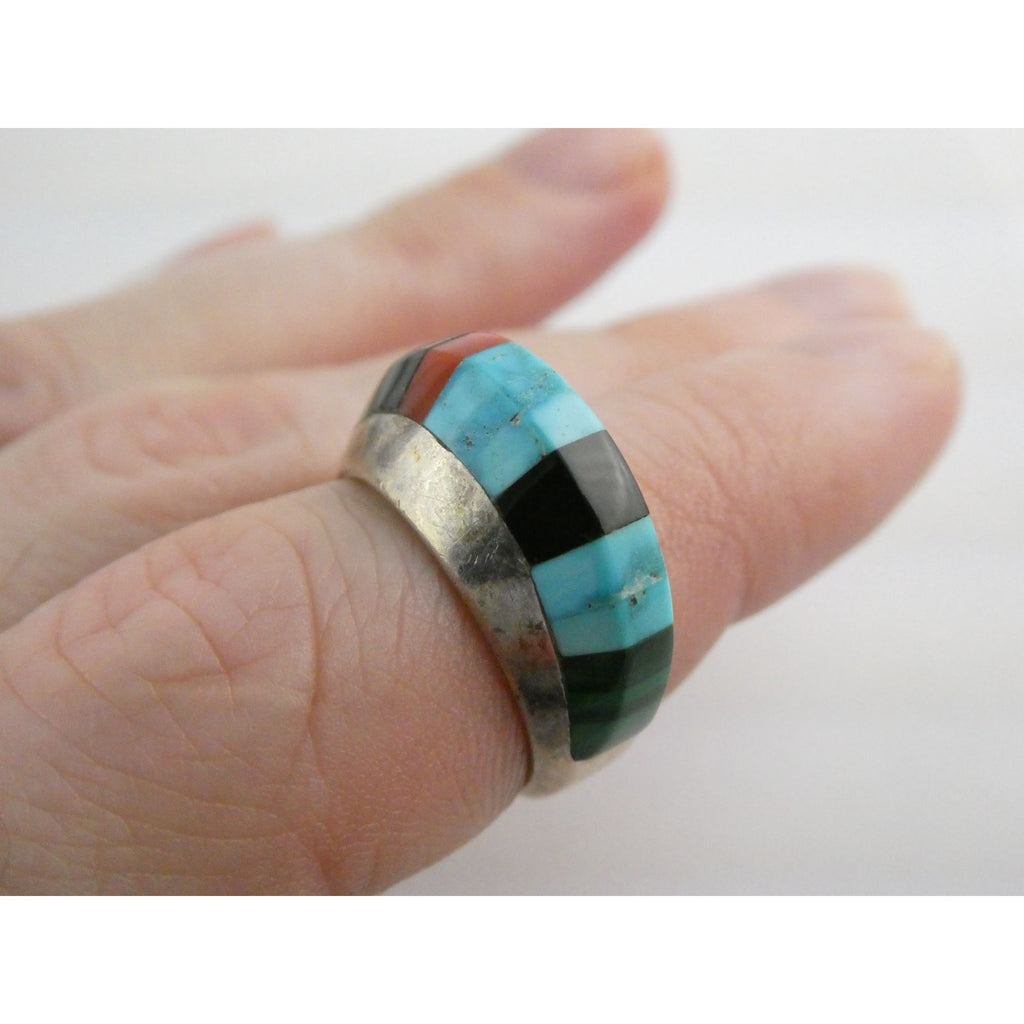 NA Navajo Chad Hoskie Sterling Silver Multi Gemstone Inlay Ring Size 6.75