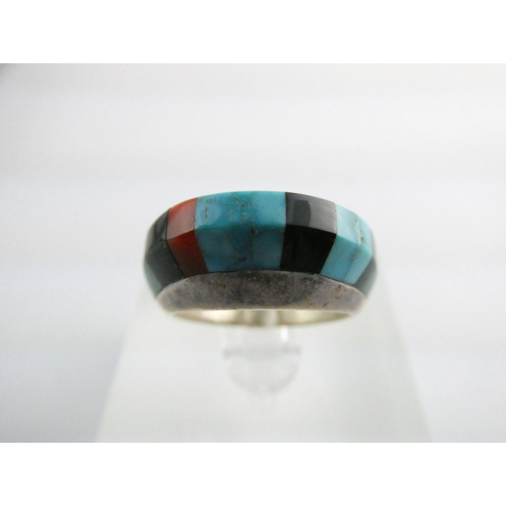 NA Navajo Chad Hoskie Sterling Silver Multi Gemstone Inlay Ring Size 6.75