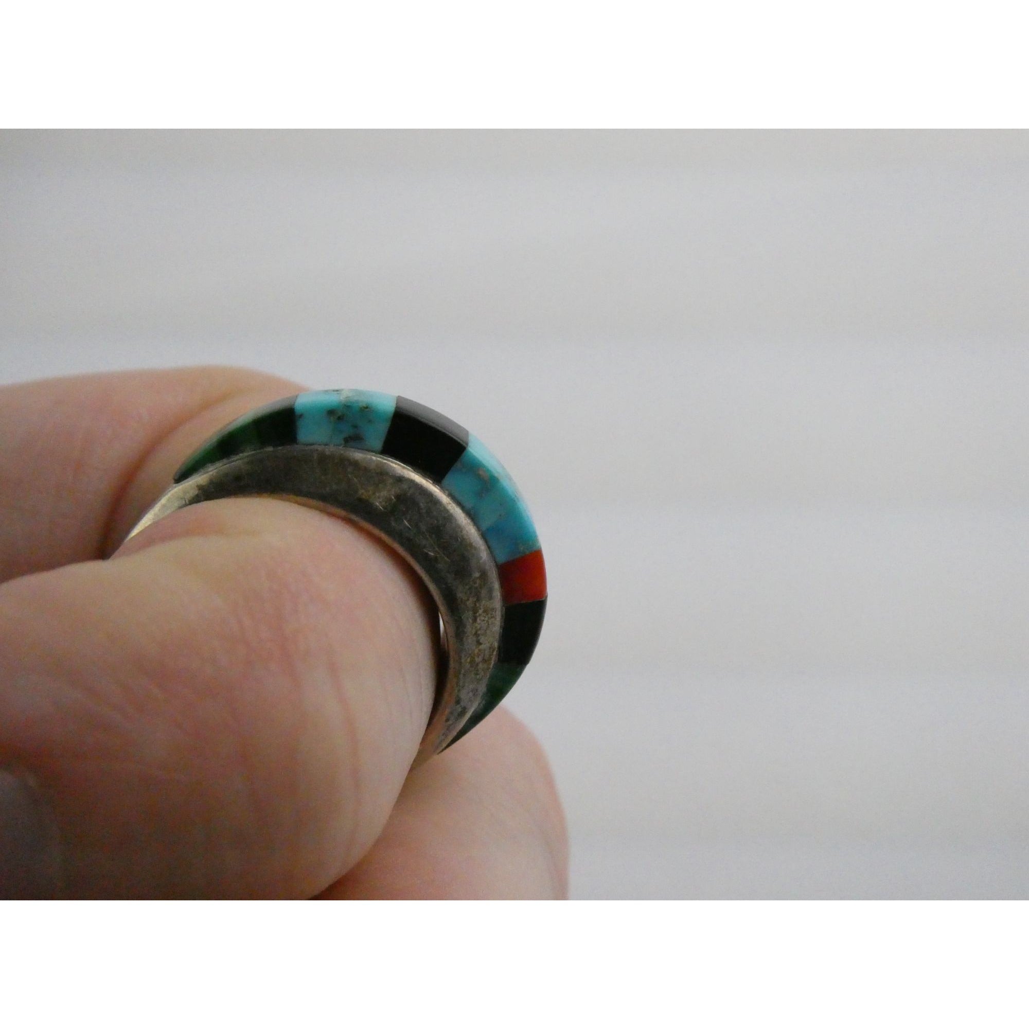 NA Navajo Chad Hoskie Sterling Silver Multi Gemstone Inlay Ring Size 6.75