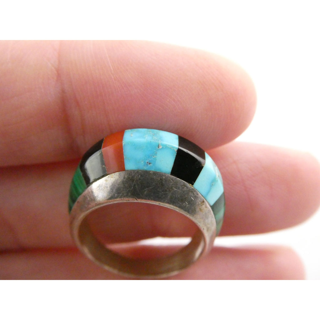 NA Navajo Chad Hoskie Sterling Silver Multi Gemstone Inlay Ring Size 6.75