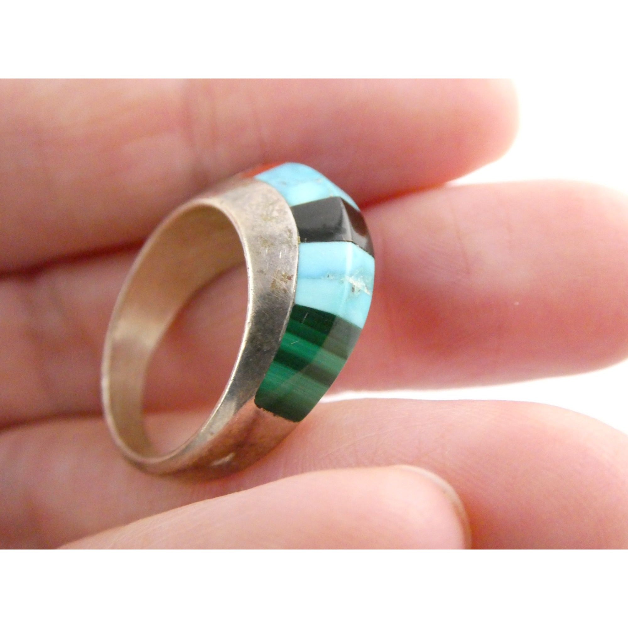 NA Navajo Chad Hoskie Sterling Silver Multi Gemstone Inlay Ring Size 6.75