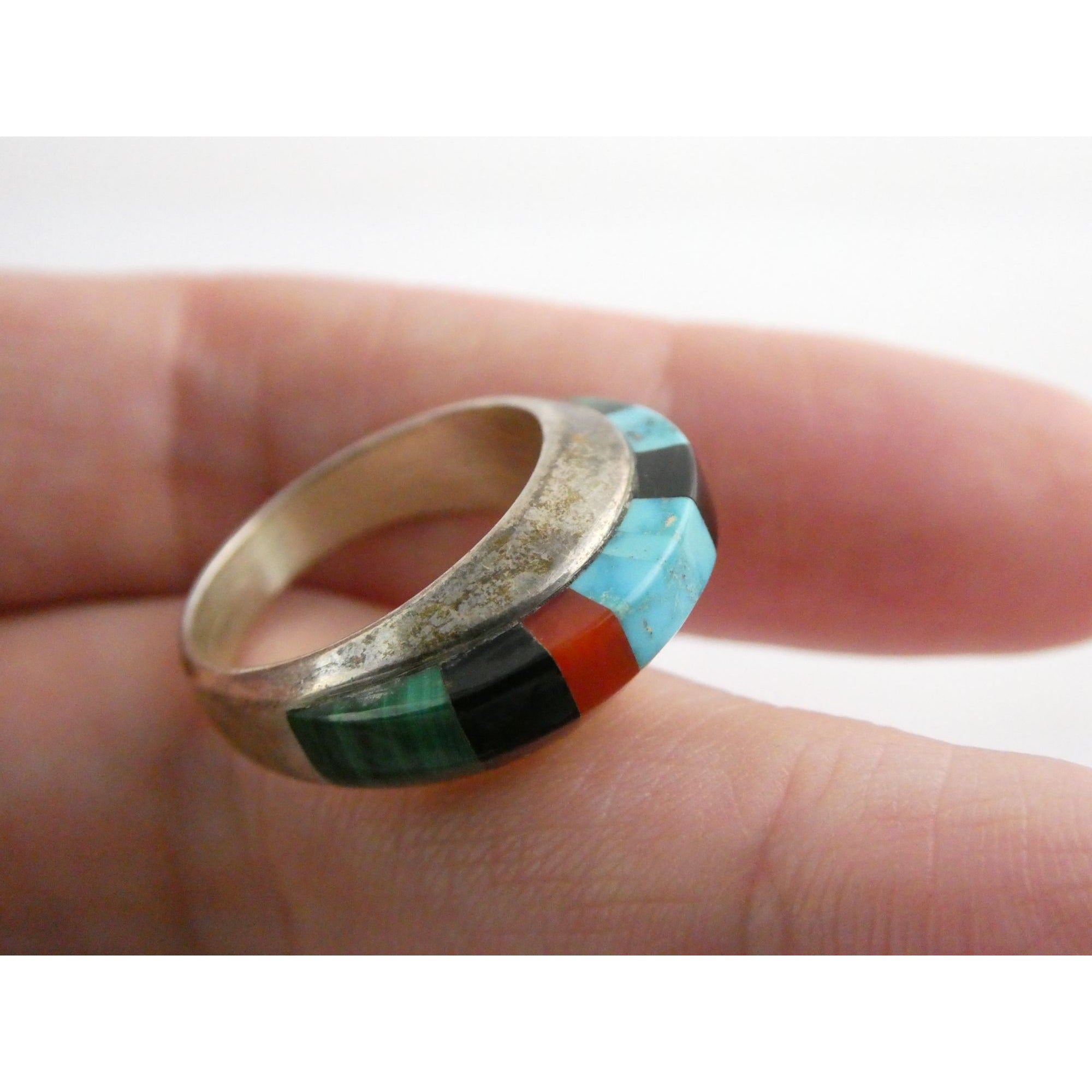 NA Navajo Chad Hoskie Sterling Silver Multi Gemstone Inlay Ring Size 6.75
