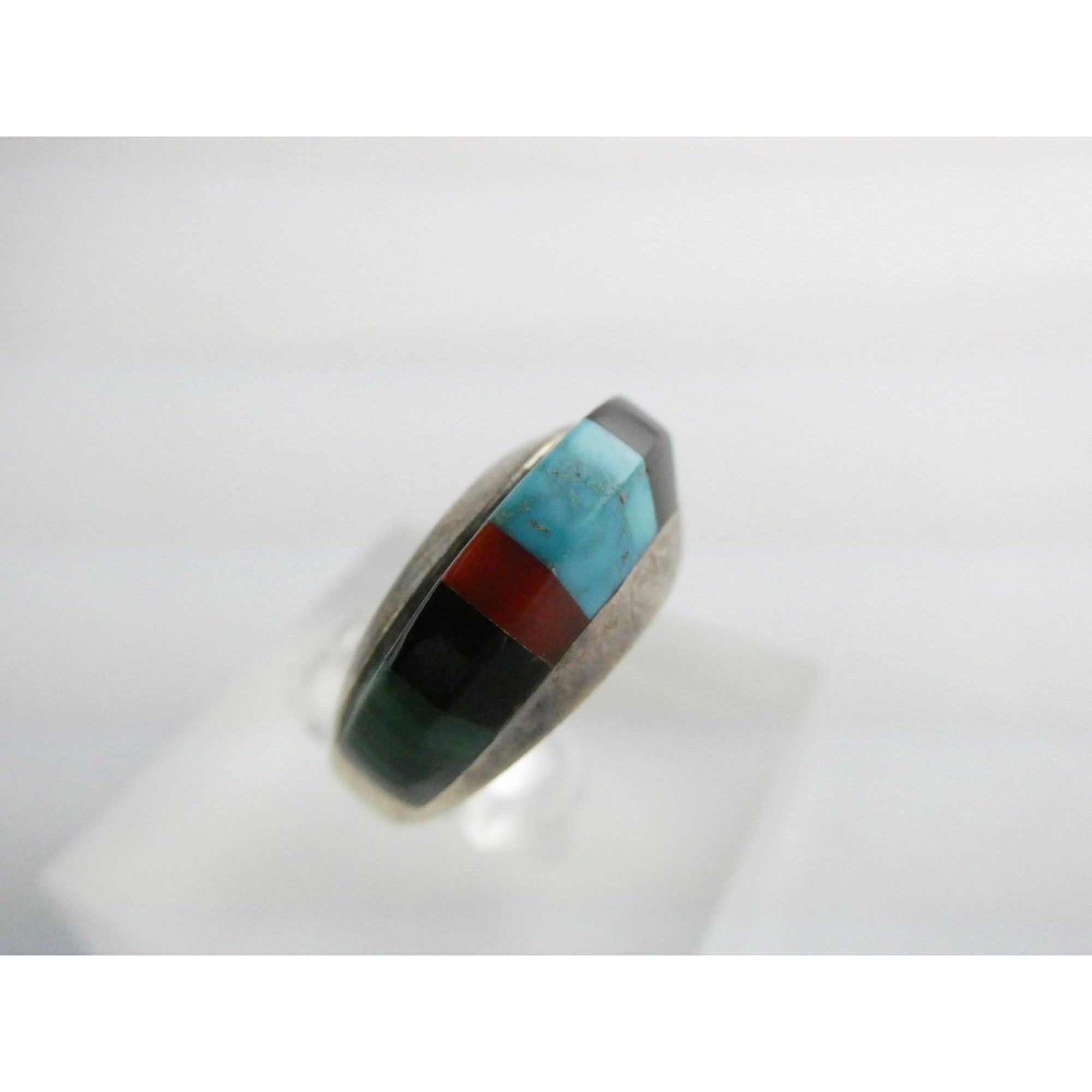NA Navajo Chad Hoskie Sterling Silver Multi Gemstone Inlay Ring Size 6.75