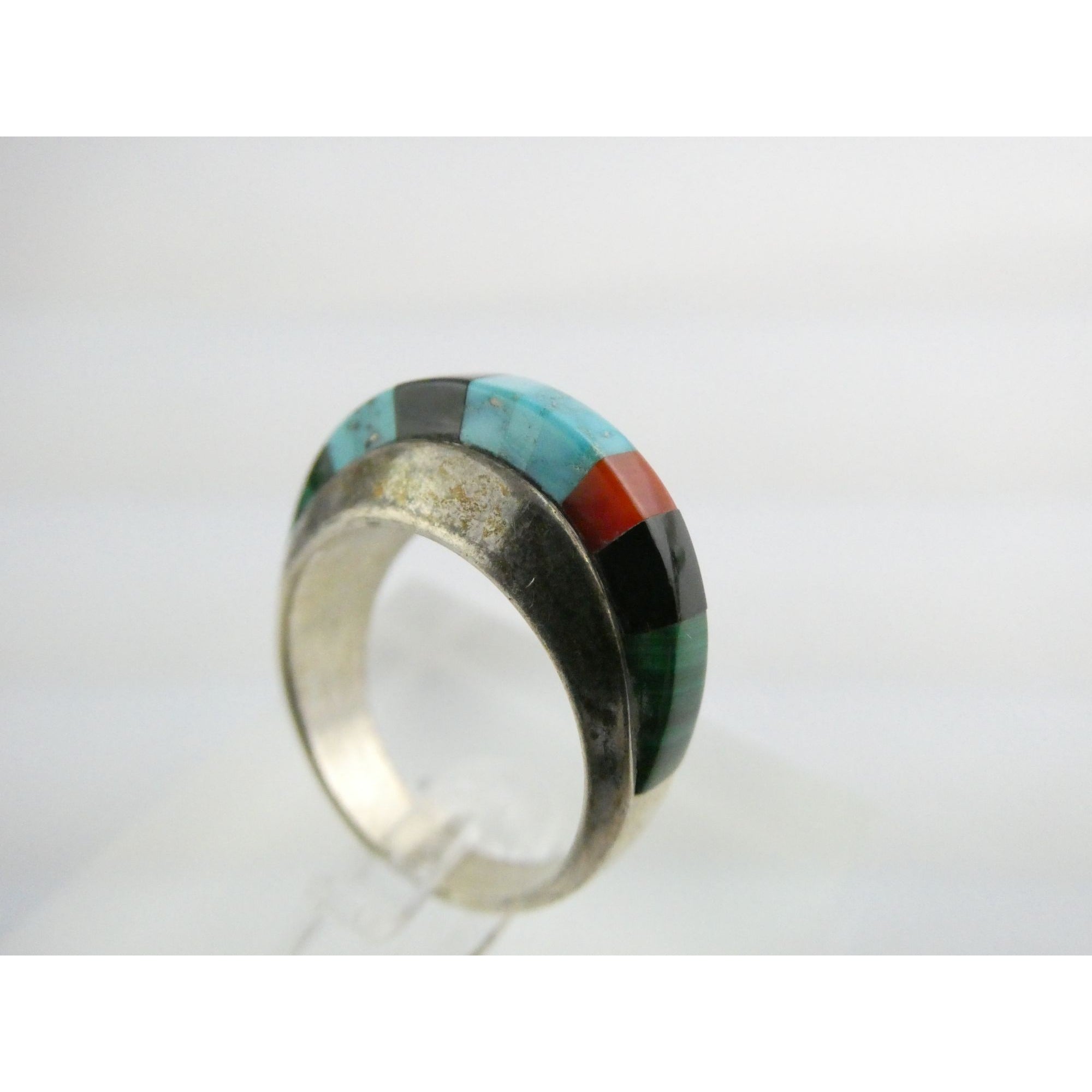 NA Navajo Chad Hoskie Sterling Silver Multi Gemstone Inlay Ring Size 6.75