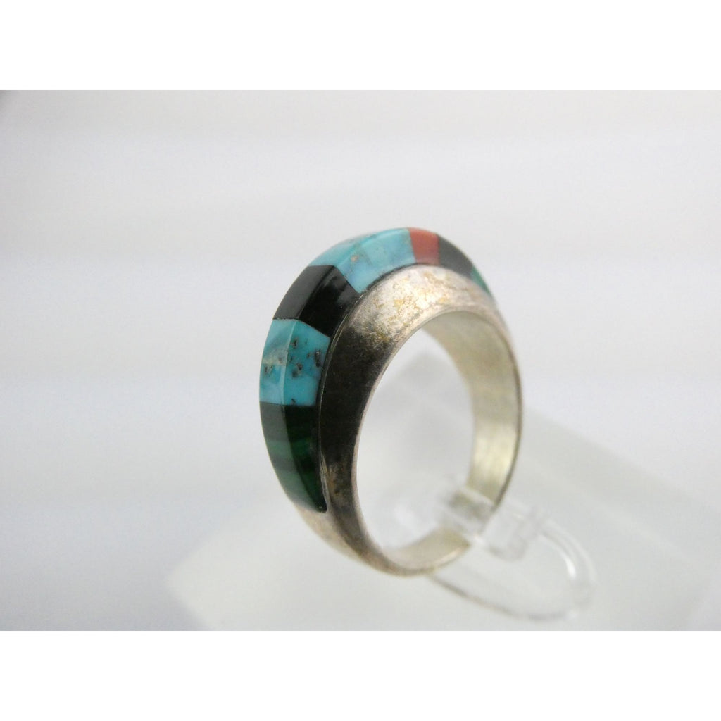 NA Navajo Chad Hoskie Sterling Silver Multi Gemstone Inlay Ring Size 6.75